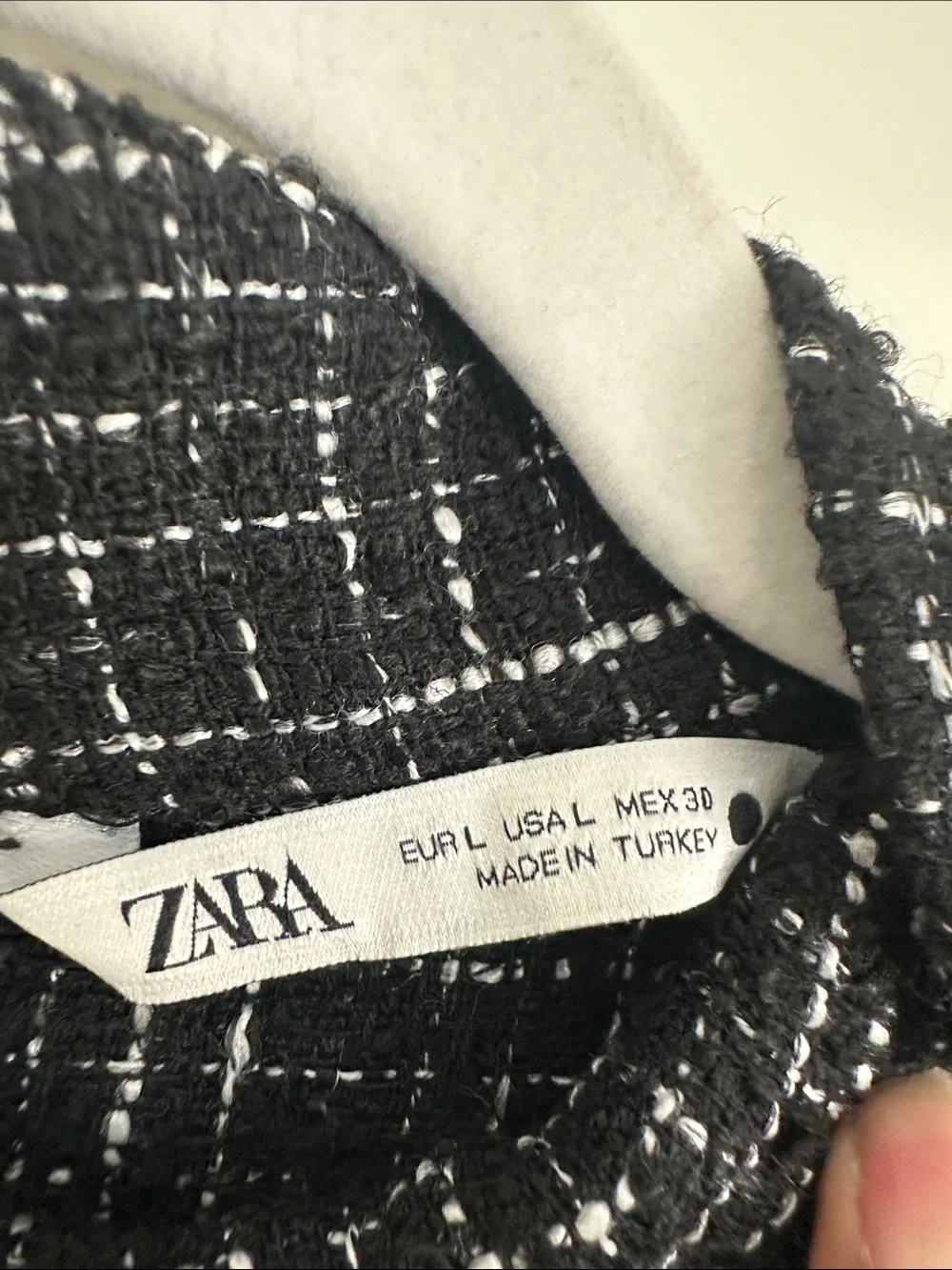 ZARA Black White Frayed Textured Tweed Plaid Short Sleeve Blouse Top L